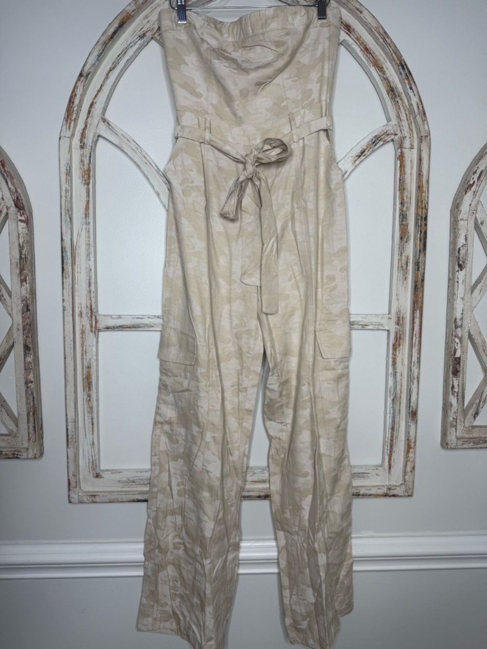 Needii Wide-Leg Strapless Jumpsuit in Beige Camo- Sz Small- NWT